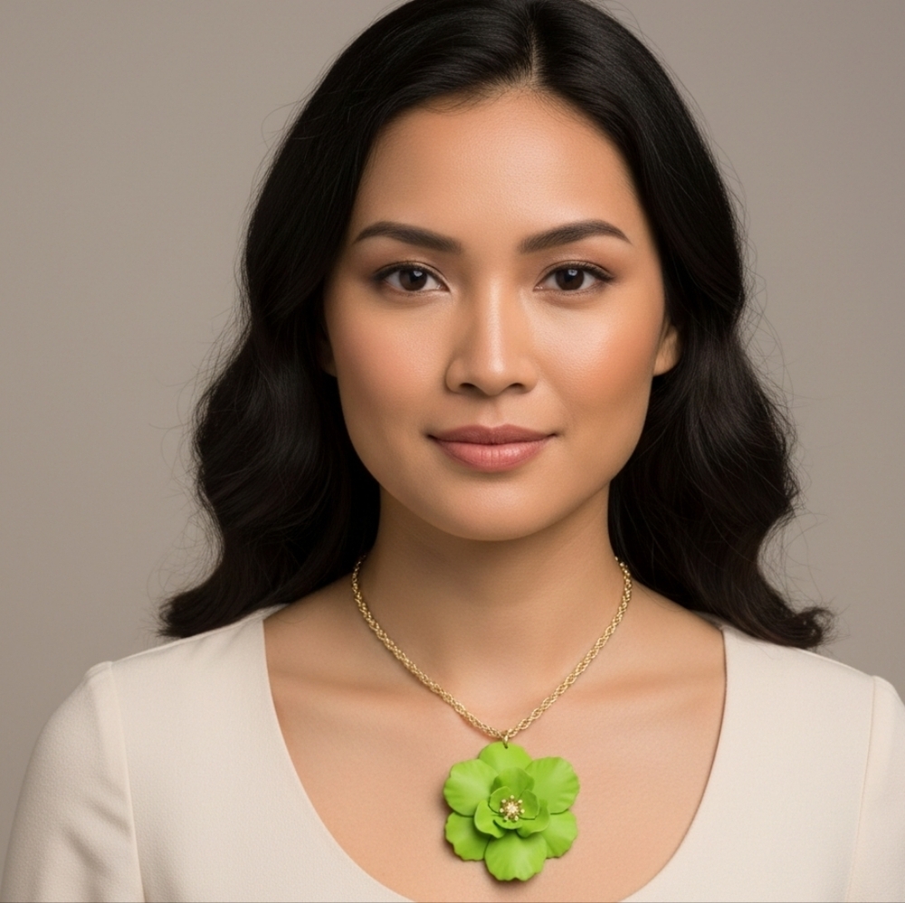 Vibrant Green Floral Necklace with Gold Chain